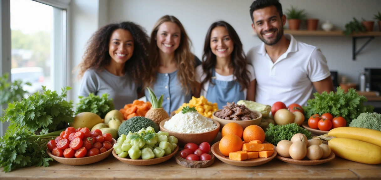 Imagen abstracta de alimentos saludables y personas sonriendo