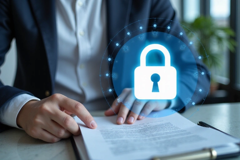 Una persona leyendo un documento con un candado simbolizando la privacidad de los datos.